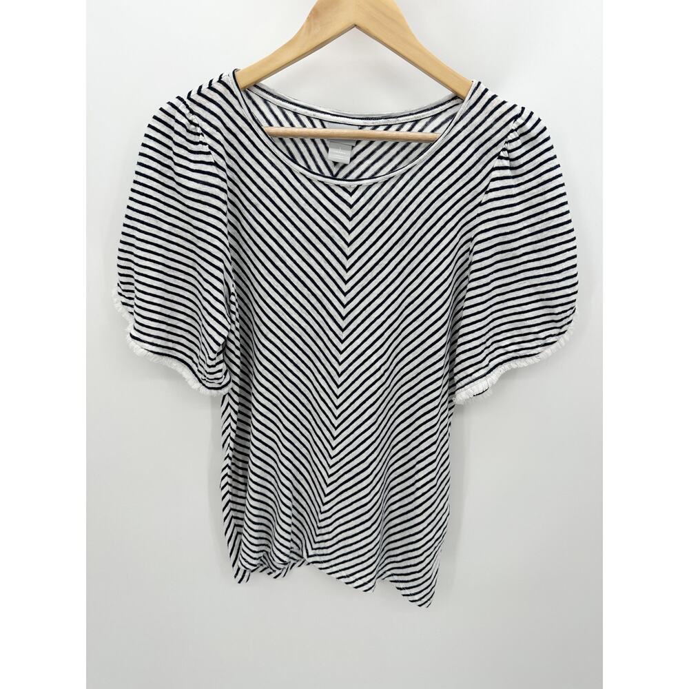 Chicos Women 1 Medium Navy Blue White Striped Linen Frayed Short Sleeve Top